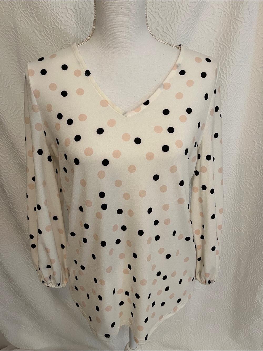 Adrianna Papell Cream Blouse with Black and Blush Polka Dots